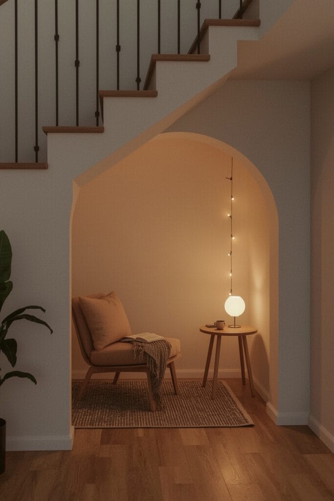 Coin sous escalier aménagé en micro-espace cosy, Tendance Deco chaleureuse