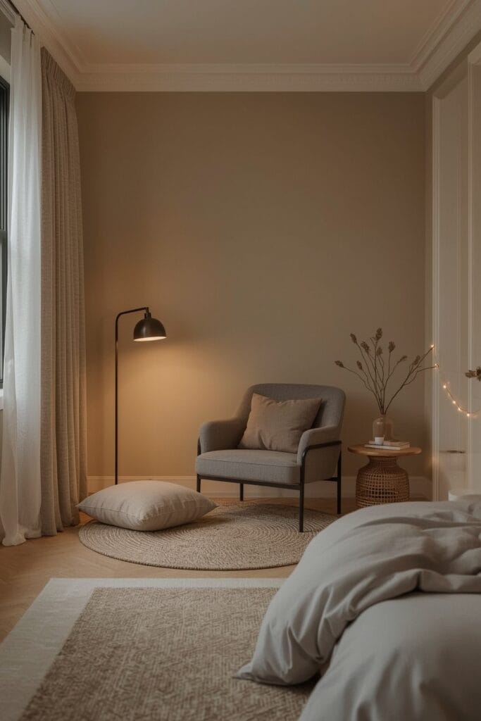 Coin méditation cosy dans une chambre apaisante, Tendance Deco douce
