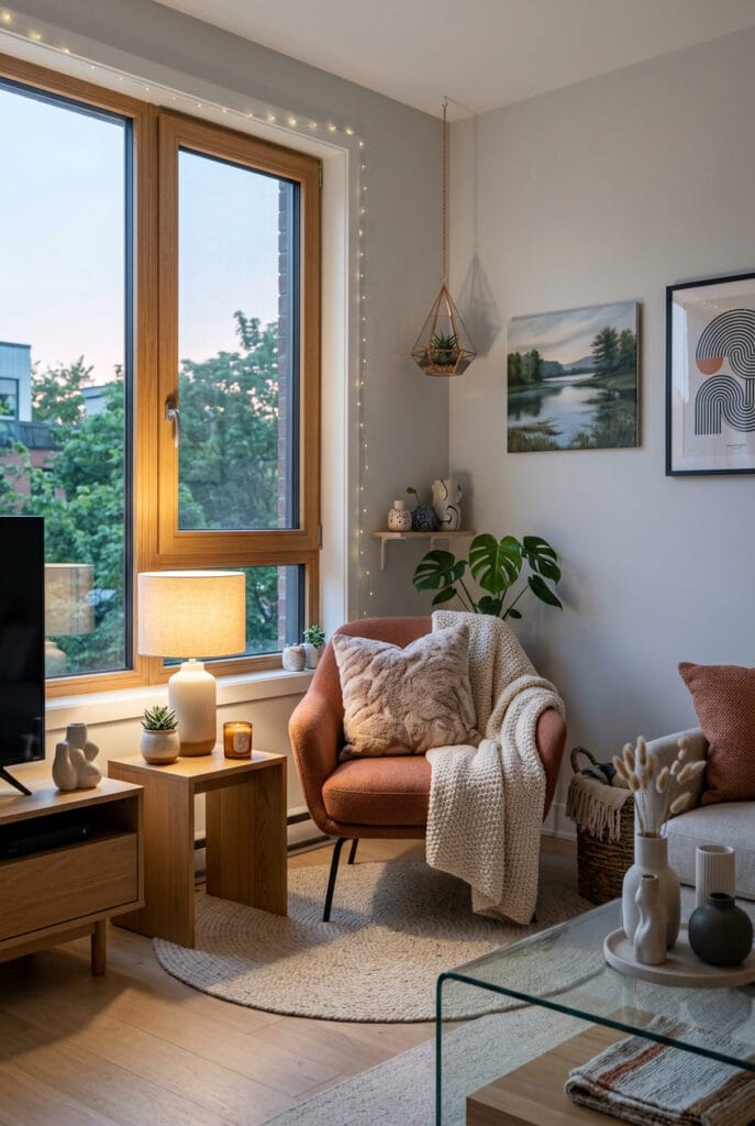 Petit coin fenêtre transformé en micro-espace cosy avec fauteuil, coussin, tapis et lampe douce, tendance deco intimiste