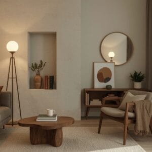 Un intérieur cosy et tendance déco avec un mur texturé à la chaux, une niche murale éclairée, une bibliothèque ouverte stylisée, un miroir organique, une table basse en noyer, des céramiques artisanales et un coin aménagé.