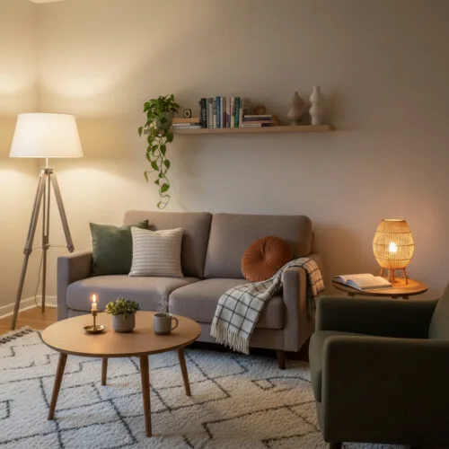 un petit salon d'appartement moderne, ultra cosy et cocooning, éclairé par une lumière tamisée le soir. On y voit un canapé bouclé taupe et un fauteuil vert olive autour d'une table basse en chêne, avec des coussins texturés, une couverture en laine, des plantes vertes et des livres. L'ambiance est chaleureuse, intime et équilibrée.
