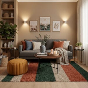 Petit salon moderne et chaleureux avec décoration riche et contrastes harmonieux, comprenant canapé, fauteuil, tables, tapis, accessoires décoratifs et tableaux paysagers.