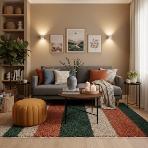 Petit salon moderne et chaleureux avec décoration riche et contrastes harmonieux, comprenant canapé, fauteuil, tables, tapis, accessoires décoratifs et tableaux paysagers.