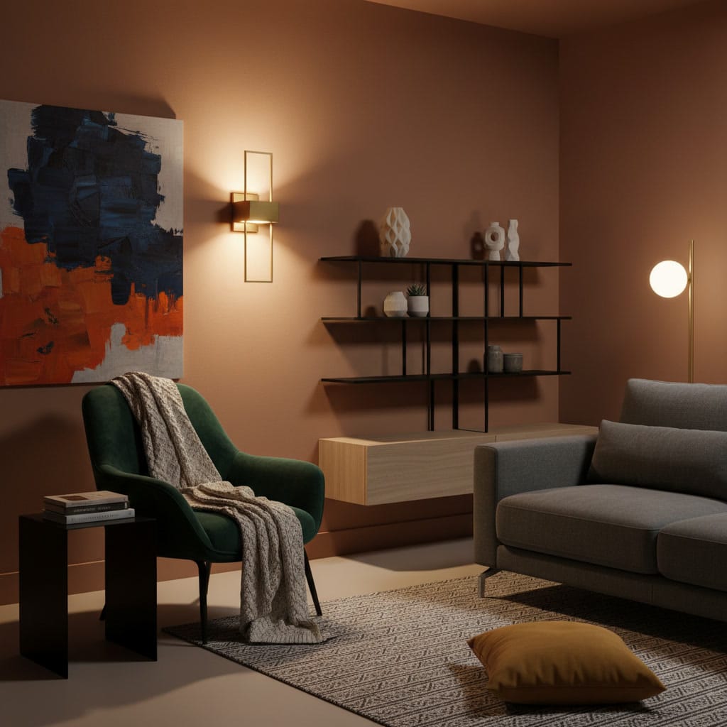 Applique murale moderne et design dans un salon éclectique cosy, éclairant un fauteuil vert émeraude sur un mur terracotta.