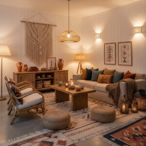 Décoration bohème chic dans un salon chaleureux et élégant, mêlant ambiance cocooning, matières naturelles et touches artisanales pour un intérieur authentique.