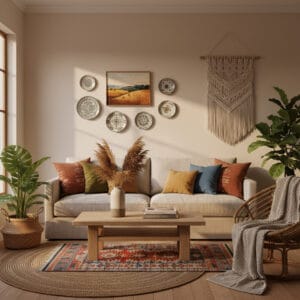 Un salon bohème chic élégant et authentique avec un canapé en lin, des coussins ethniques, un tapis kilim, une suspension en macramé, des plantes et des objets artisanaux sur des murs beige. Deco Boheme Chic.