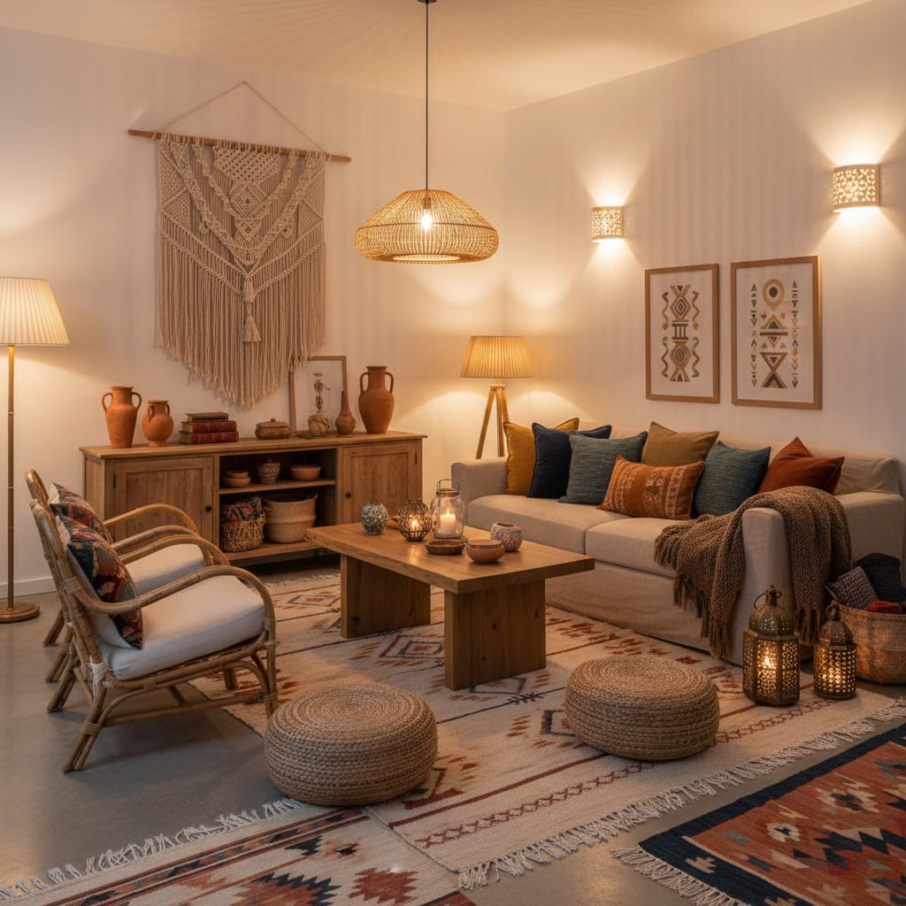 Décoration bohème chic dans un salon chaleureux et élégant, mêlant ambiance cocooning, matières naturelles et touches artisanales pour un intérieur authentique.