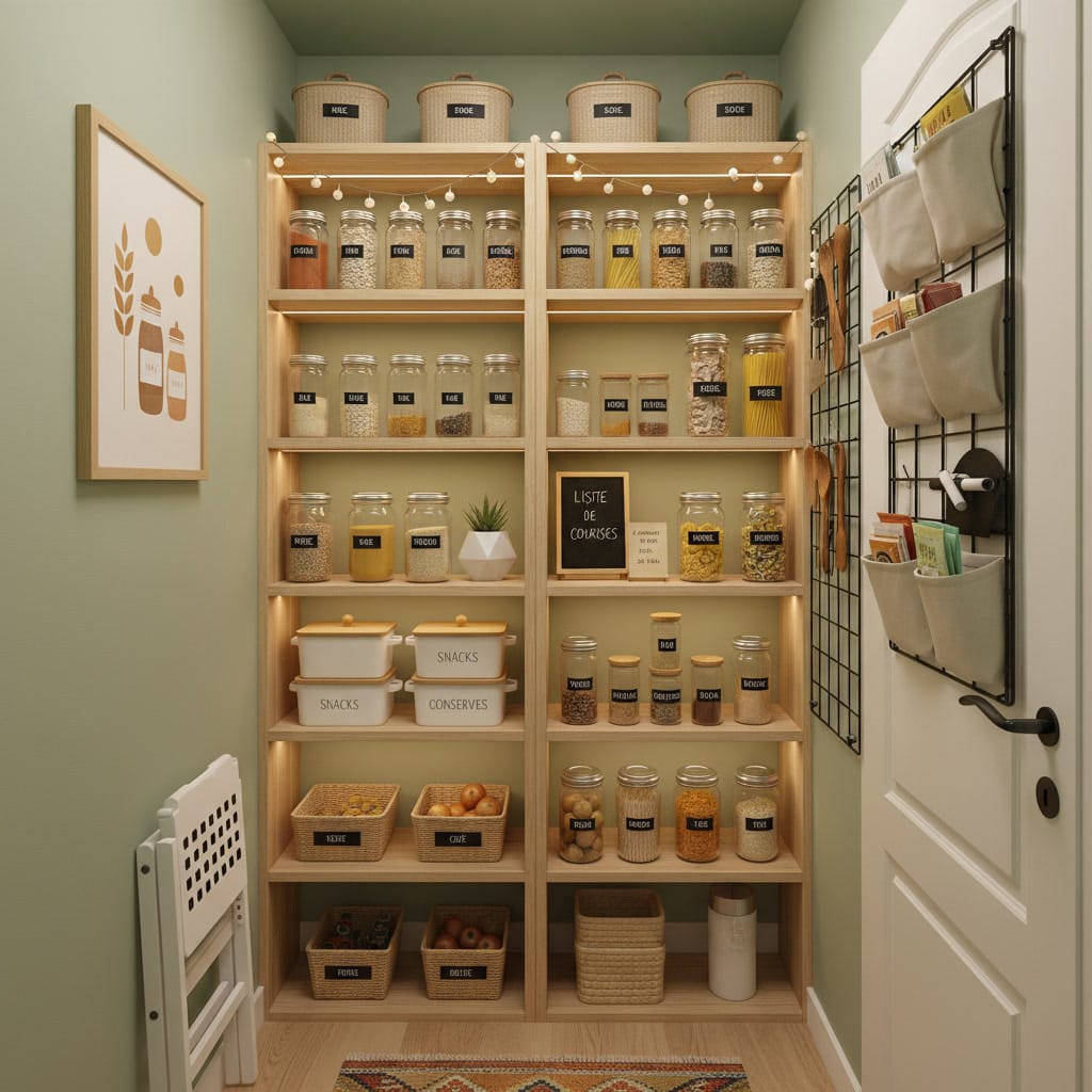 Aménagement d'un petit cellier organisé et cosy dans un appartement, avec étagères en bois, rangements transparents et éclairage chaleureux.