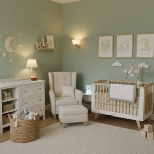 Chambre bebe cosy et fonctionnelle dans un appartement, ambiance douce et chaleureuse, décoration harmonieuse et sécurisée.
