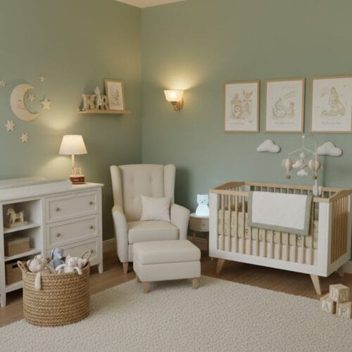 Chambre bebe cosy et fonctionnelle dans un appartement, ambiance douce et chaleureuse, décoration harmonieuse et sécurisée.