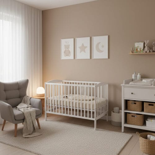 Chambre Bebe cocooning : aménagement douillet avec lit, table à langer, rangements intégrés et éclairage apaisant.
