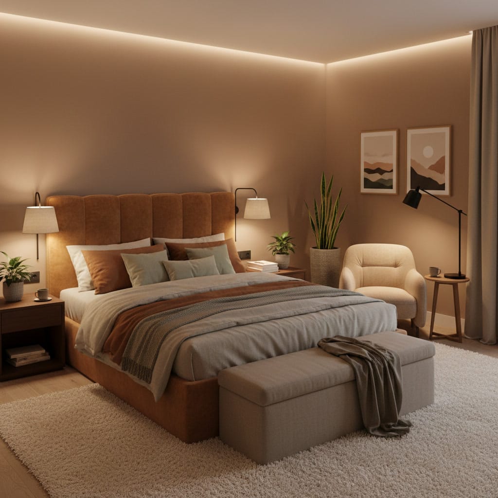 Chambre douillette moderne avec lumière tamisée et ambiance cocooning