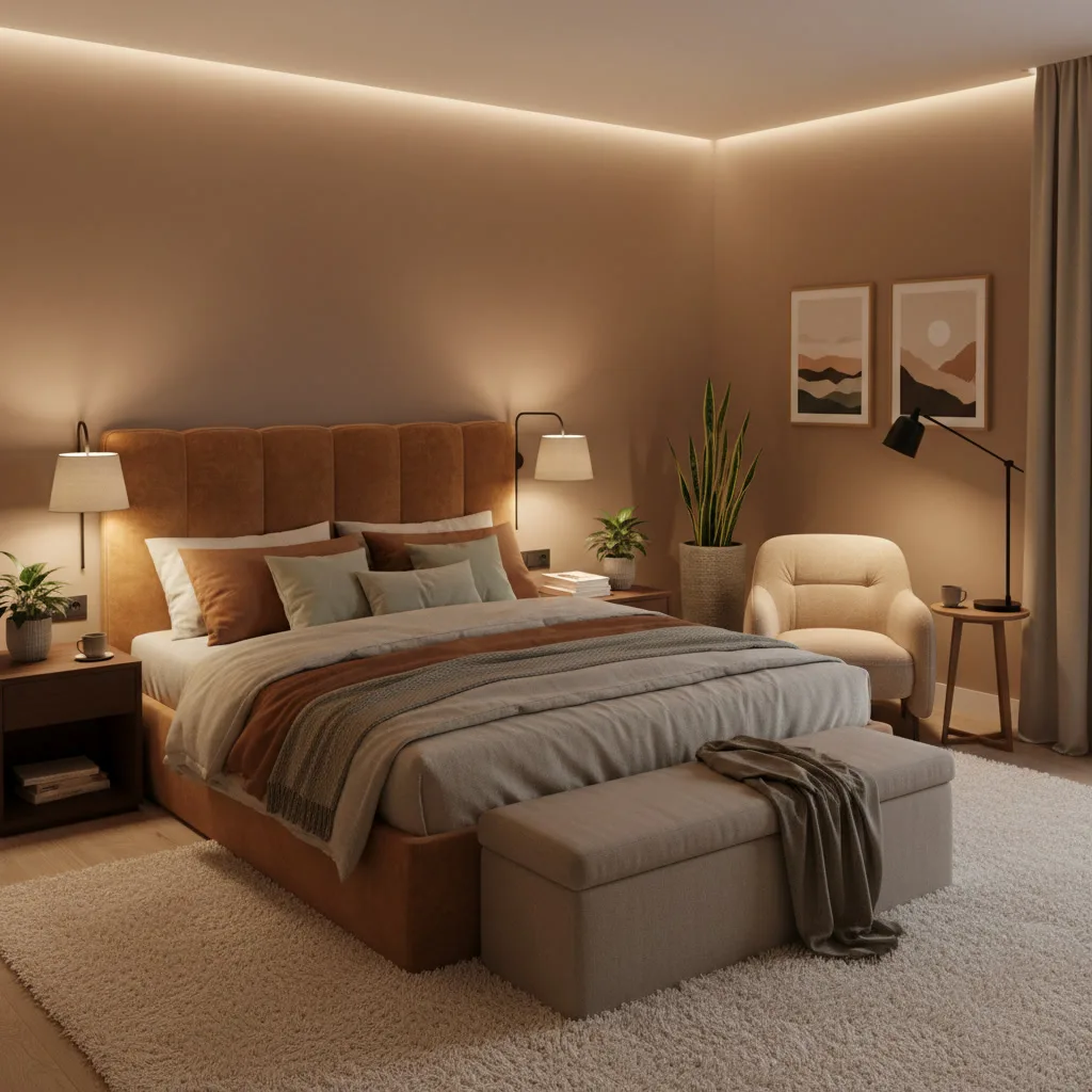 Chambre douillette moderne avec lumière tamisée et ambiance cocooning