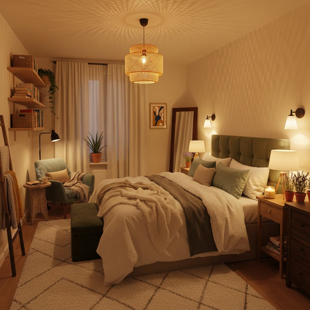 Une chambre paisible le soir, éclairée par une suspension en rotan, des lampes de chevet et des bougies, avec un lit à la literie moelleuse et de nombreux coussins, un fauteuil de lecture, des plantes vertes et une bibliothèque murale.