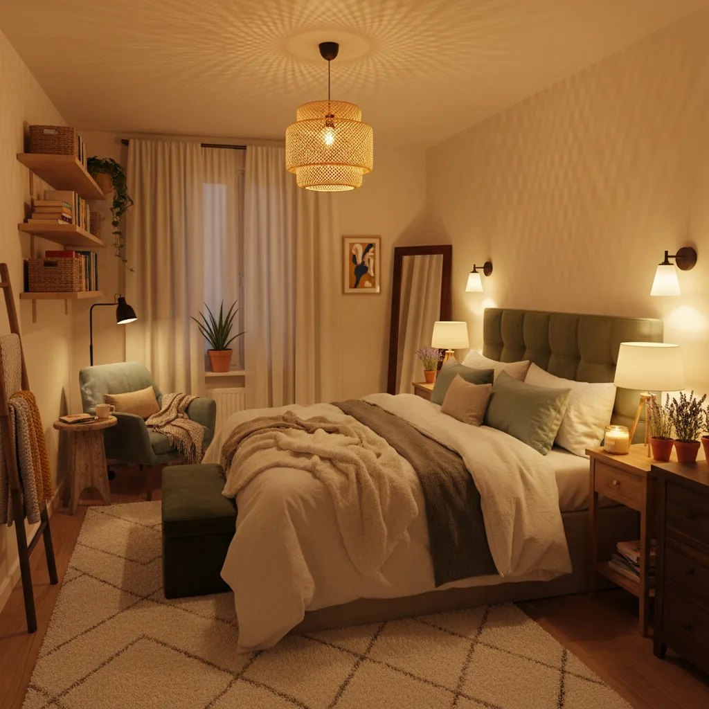 Une chambre paisible le soir, éclairée par une suspension en rotan, des lampes de chevet et des bougies, avec un lit à la literie moelleuse et de nombreux coussins, un fauteuil de lecture, des plantes vertes et une bibliothèque murale.