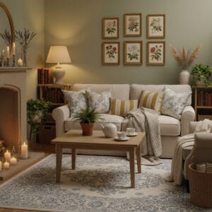 Salon d'appartement cosy de style Cottage Anglais en fin de journée, avec canapé moelleux, cheminée, coussins textiles et décorations murales harmonieuses.