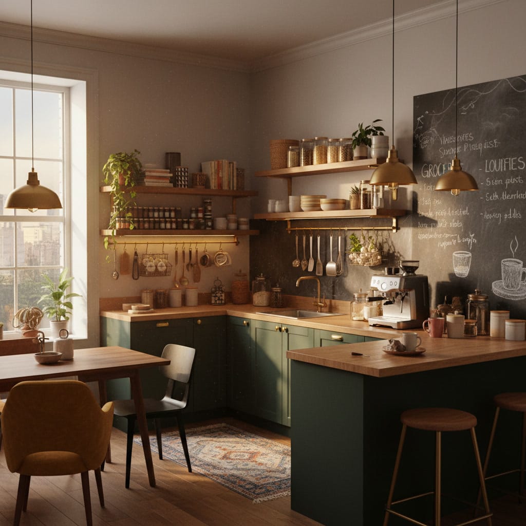 Cuisine cosy et pratique dans un appartement, avec étagères ouvertes, suspensions lumineuses, coin café, bocaux en verre, tapis lavable, rangements muraux et ambiance tamisée