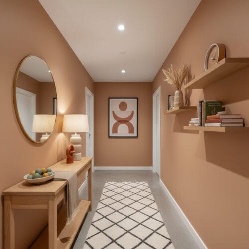 Couloir deco moderne et cosy aux murs beige terracotta, avec miroir laiton, console chêne, étagères, tableau abstrait géométrique, tapis motif et objets décoratifs colorés.