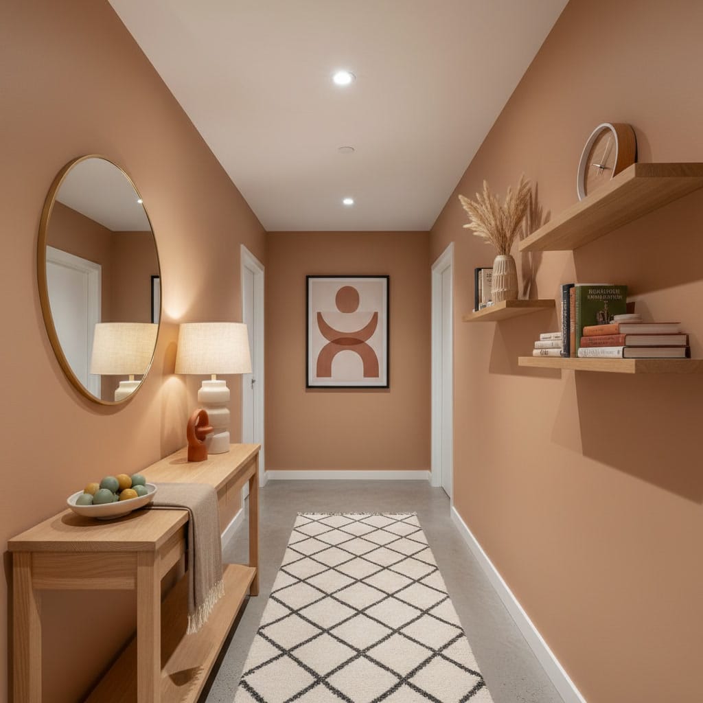 Couloir deco moderne et cosy aux murs beige terracotta, avec miroir laiton, console chêne, étagères, tableau abstrait géométrique, tapis motif et objets décoratifs colorés.