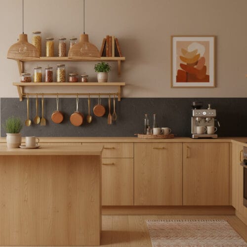 Déco cuisine cosy avec étagères ouvertes, suspensions rotin, mur d'ardoise, coin café et tons chaleureux dans un appartement.