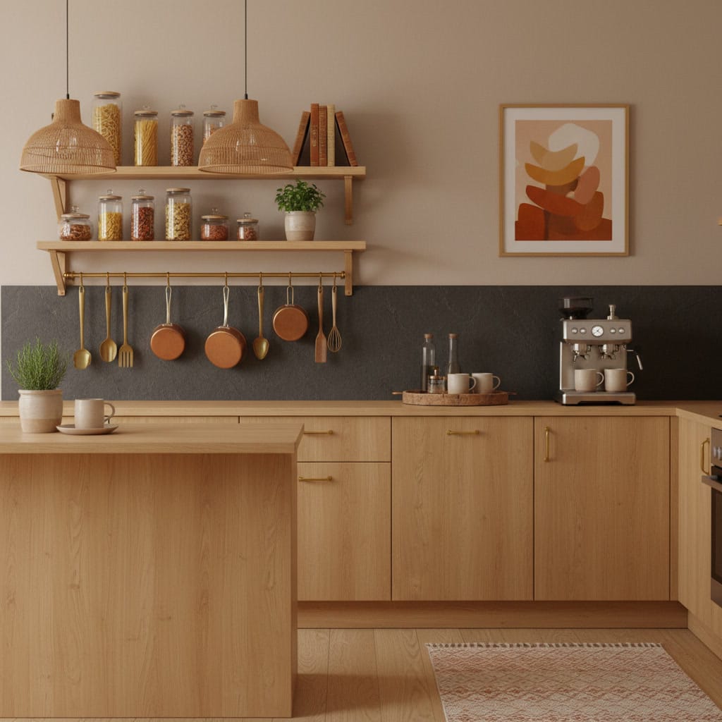 Déco cuisine cosy avec étagères ouvertes, suspensions rotin, mur d'ardoise, coin café et tons chaleureux dans un appartement.