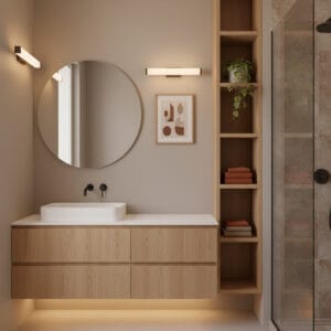 Salle de bain moderne synthétisant les tendances : style Japandi, vasque flottante, douche spacieuse, rangements ouverts et éclairage cosy pour une Deco Salle de Bain optimisée.