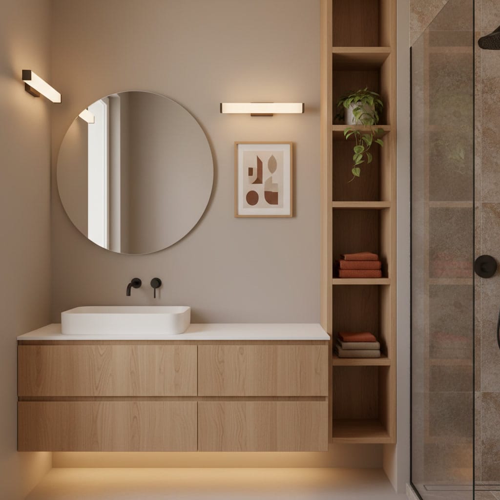 Salle de bain moderne synthétisant les tendances : style Japandi, vasque flottante, douche spacieuse, rangements ouverts et éclairage cosy pour une Deco Salle de Bain optimisée.