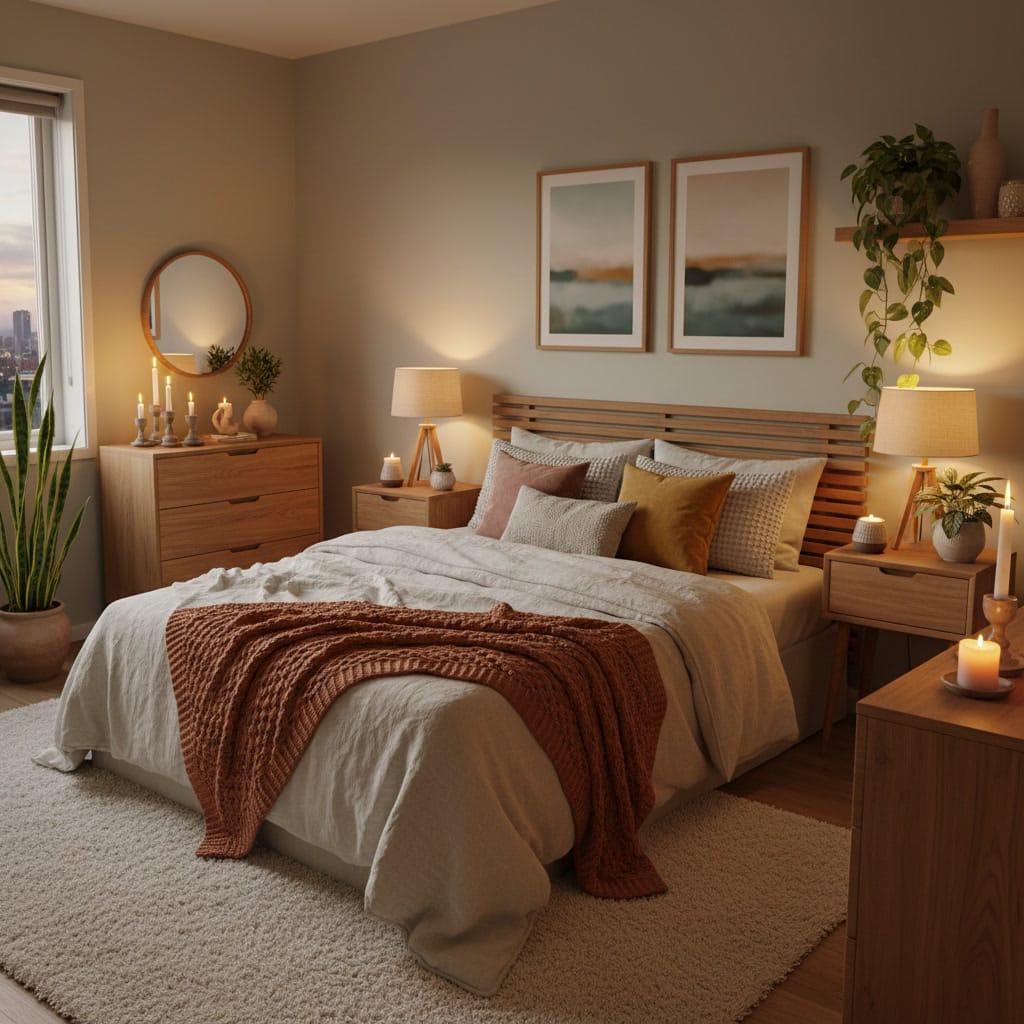Décoration Chambre cocooning avec plantes d’intérieur, bougies, textiles doux et mobilier en bois dans une ambiance soirée chaleureuse et apaisante.