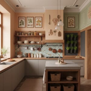 Deco Cuisine éclectique avec décoration murale harmonieuse, étagères, panneaux bois, crédence décorative et touches cosy dans un appartement moderne