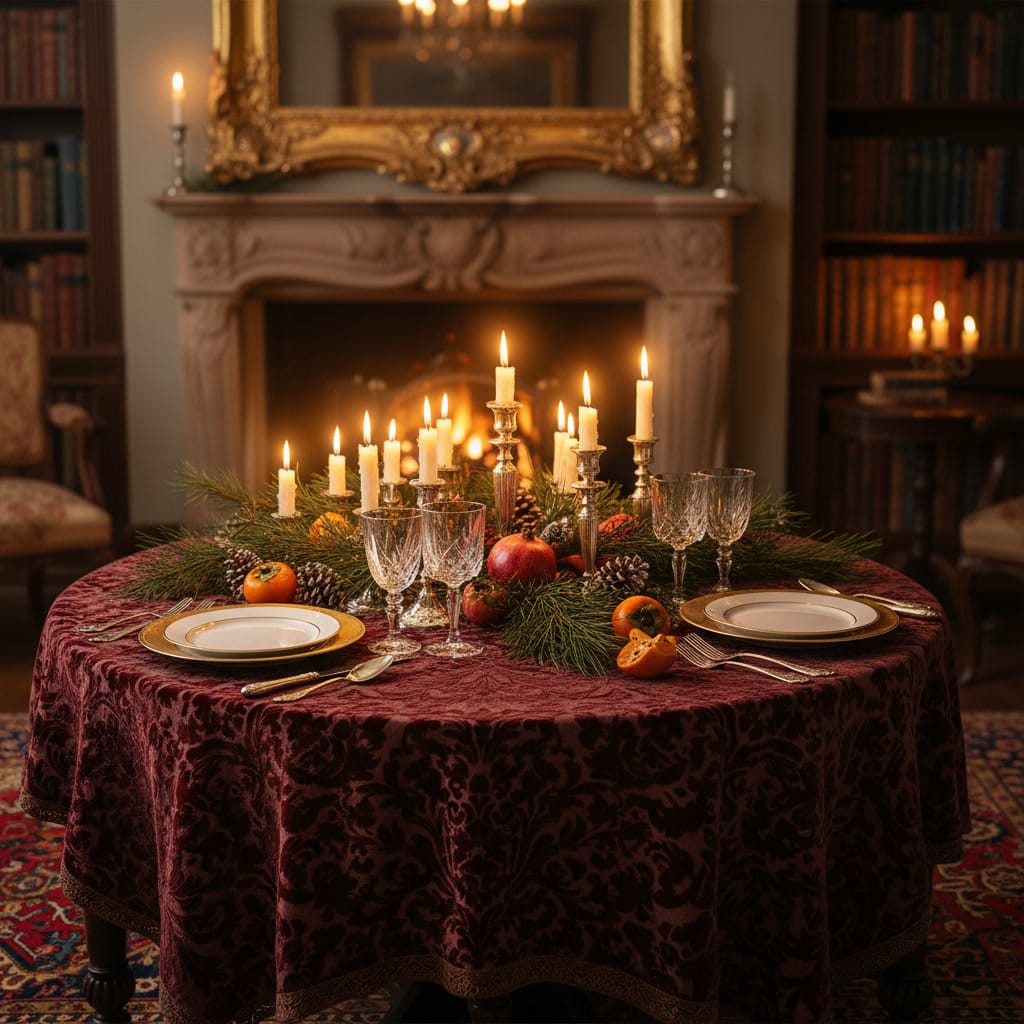 Table dressée pour un dîner aux chandelles dans une salle à manger richement décorée, illustrant des idées de décoration salle à manger cosy et opulente pour une ambiance cocooning