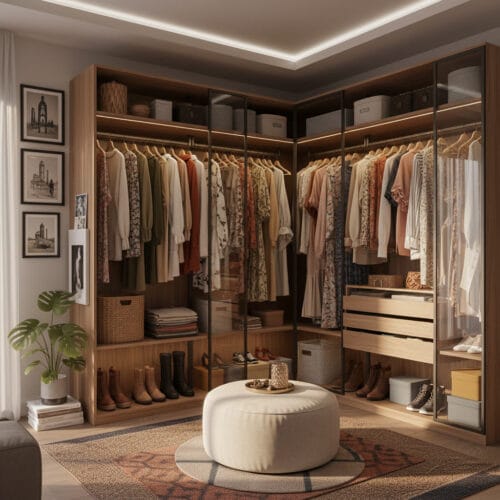 Dressing d’angle moderne et cosy dans un appartement, combinant rangement élégant, ambiance chaleureuse et décoration harmonieuse