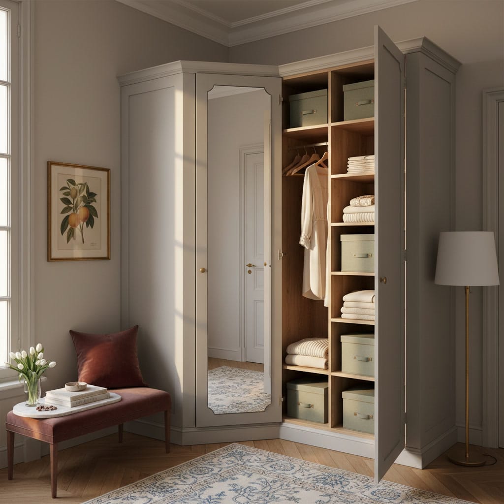 Dressing d'angle élégant de style parisien dans une chambre. Portes grises style shaker avec miroir à biseau, intérieur organisé avec pulls, boîtes lin vert sauge. Sol parquet, décoration avec illustration botanique vintage, coussin velours bordeaux, banquette et lampe laiton. dressing chambre