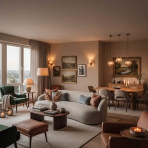 Intérieur moderne cosy aux couleurs peinture chaleureuses et harmonieuses, créant une ambiance cocooning et élégante dans un appartement contemporain.