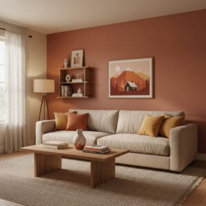 Coin salon d'appartement cosy avec peinture murale terracotta chaleureuse, canapé beige, éclairage doux et décoration équilibrée.
