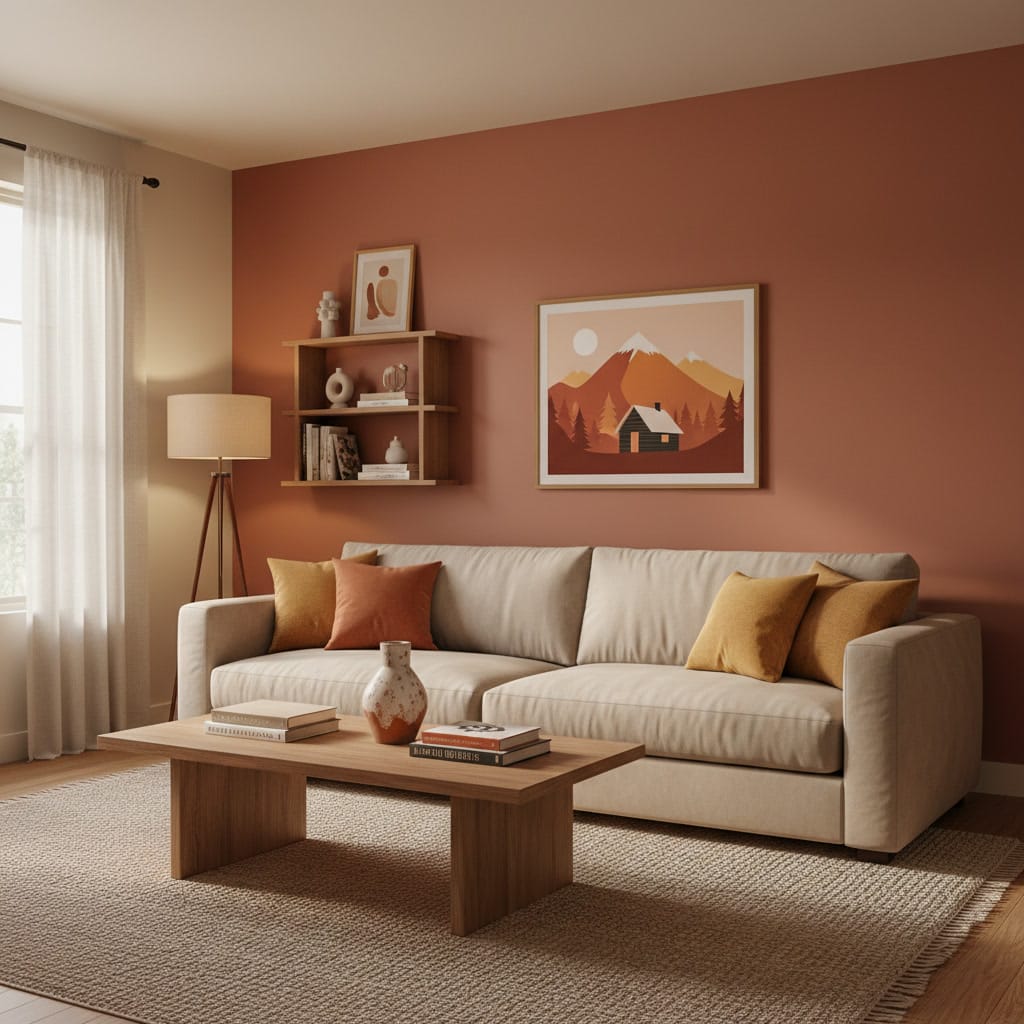 Coin salon d'appartement cosy avec peinture murale terracotta chaleureuse, canapé beige, éclairage doux et décoration équilibrée.