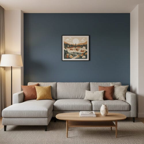 Salon moderne et cosy avec couleur peinture murale bleu-gris profond, canapé clair, éclairage chaleureux et décoration équilibrée.