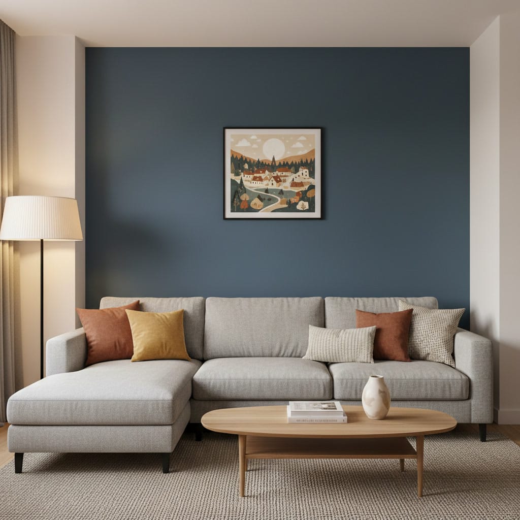 Salon moderne et cosy avec couleur peinture murale bleu-gris profond, canapé clair, éclairage chaleureux et décoration équilibrée.