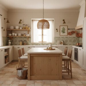 Cuisine rustique lumineuse avec îlot central en bois, crédence en carreaux de ciment, étagères ouvertes et luminaires en rotin, dans un appartement aux tons chaleureux et naturels.