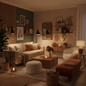 Salon cocooning dans un petit appartement, ambiance cosy et tamisée le soir, décoration éclectique chic avec textiles doux, éclairage chaleureux et matériaux naturels.
