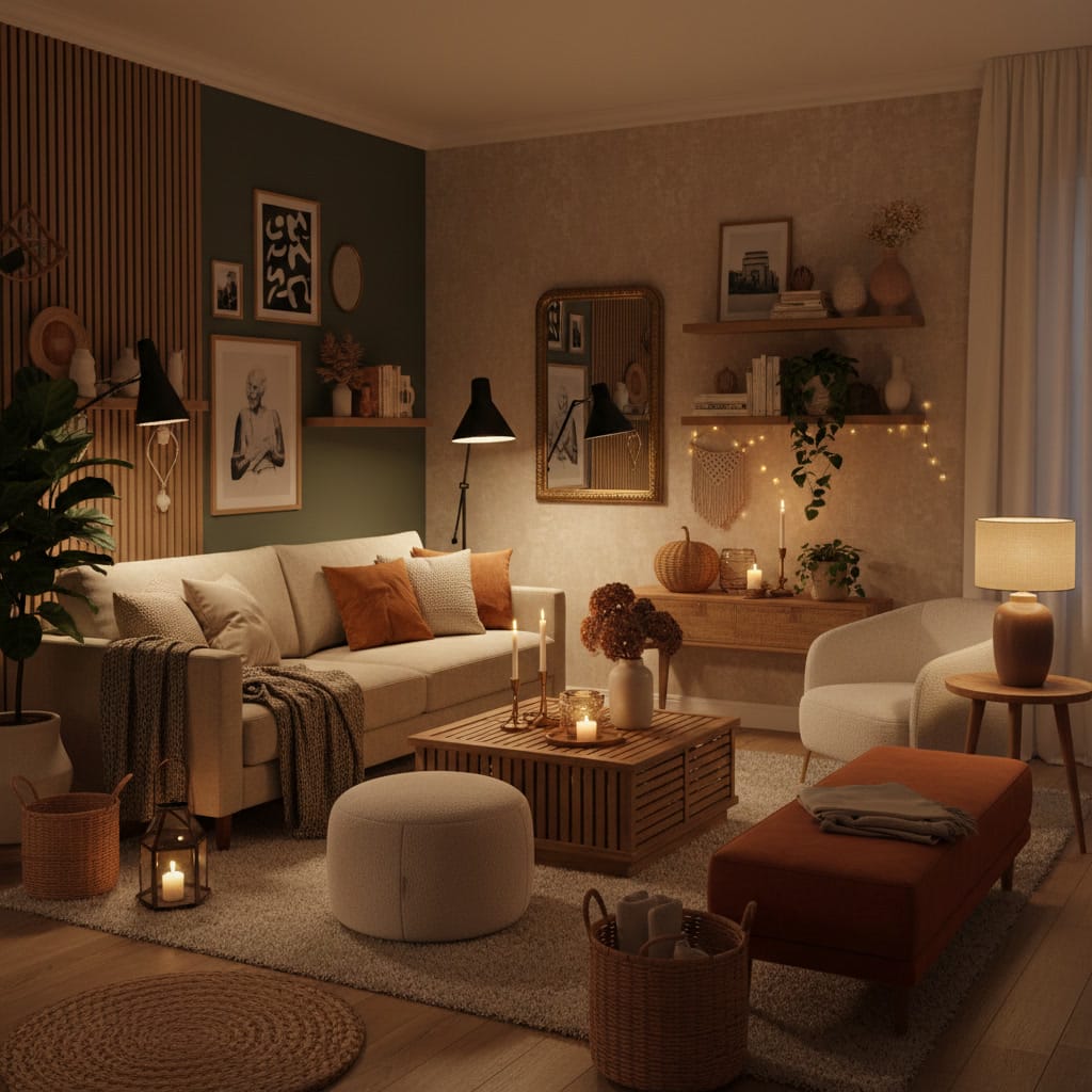 Salon cocooning dans un petit appartement, ambiance cosy et tamisée le soir, décoration éclectique chic avec textiles doux, éclairage chaleureux et matériaux naturels.