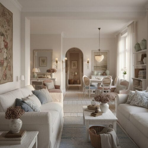 Intérieur Shabby Chic cosy et élégant avec salon, couloir et salle à manger, mobilier patiné, textiles doux, touches contrastantes harmonieuses, décorations murales Shabby Chic, suspension et appliques murales
