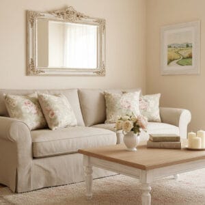 Intérieur de salon dans un appartement avec décoration Shabby Chic, comprenant canapé en lin, coussins fleuris, miroir orné et tableau