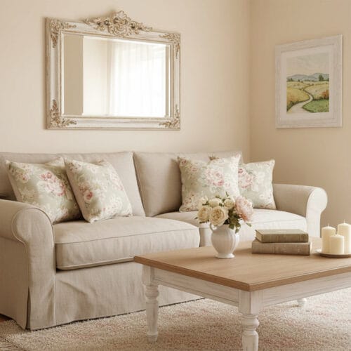 Intérieur de salon dans un appartement avec décoration Shabby Chic, comprenant canapé en lin, coussins fleuris, miroir orné et tableau