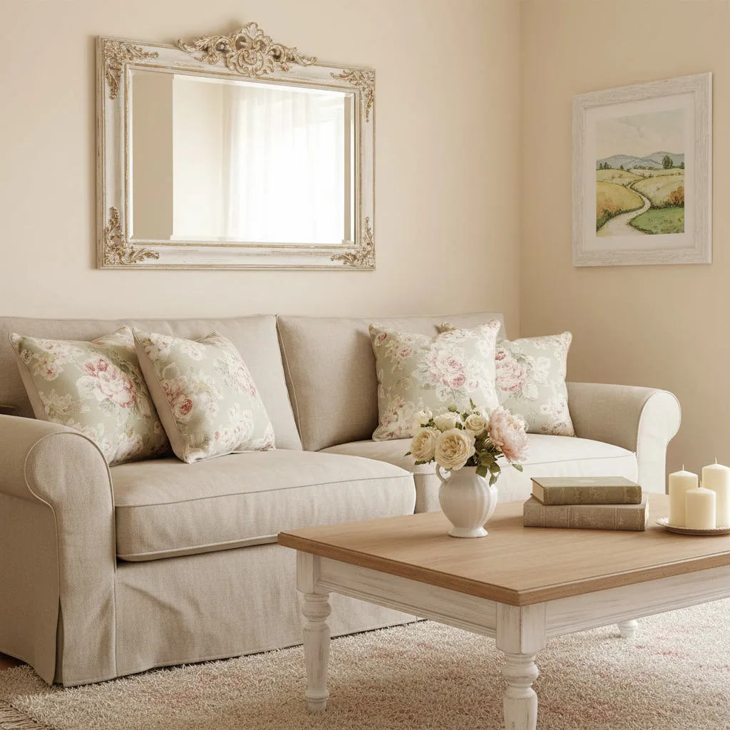 Intérieur de salon dans un appartement avec décoration Shabby Chic, comprenant canapé en lin, coussins fleuris, miroir orné et tableau