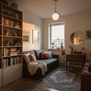 Aménagement studio optimisé avec mobilier multifonctionnel, espaces bien délimités et ambiance cosy et fonctionnelle.