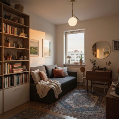 Aménagement studio optimisé avec mobilier multifonctionnel, espaces bien délimités et ambiance cosy et fonctionnelle.