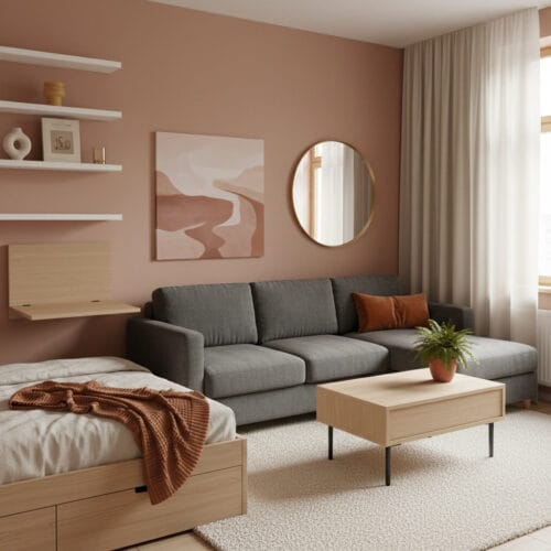 Aménagement studio moderne et cosy avec canapé-lit, miroir, étagères décoratives et touches de couleurs chaleureuses dans un petit appartement.
