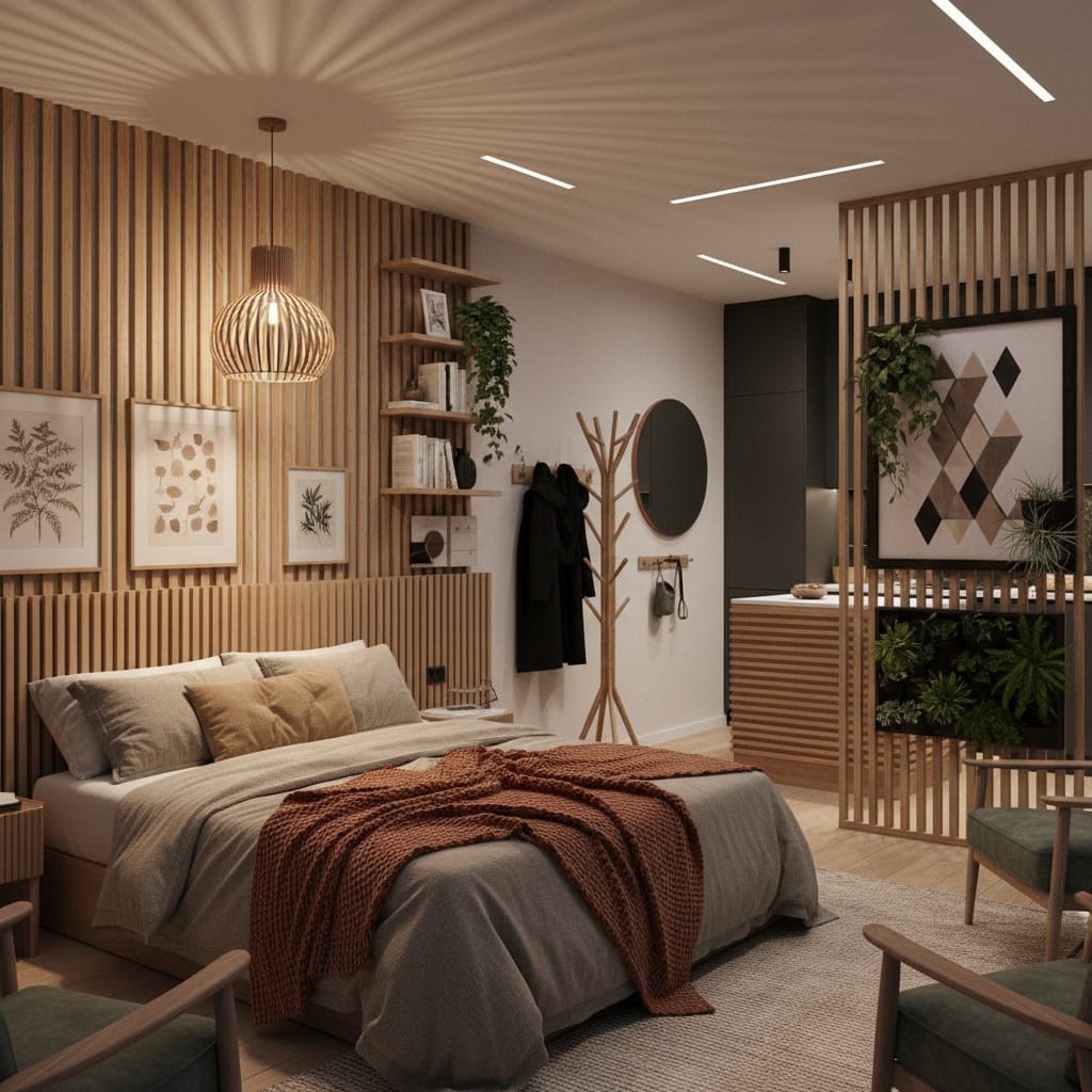 Intérieur d’appartement moderne et cosy mettant en valeur plusieurs inspirations déco en tasseau bois pour créer une ambiance chaleureuse et élégante.