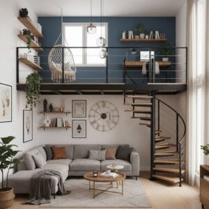 Solution d'aménagement mezzanine pratique avec bureau intégré et rangements, optimisant un petit espace.