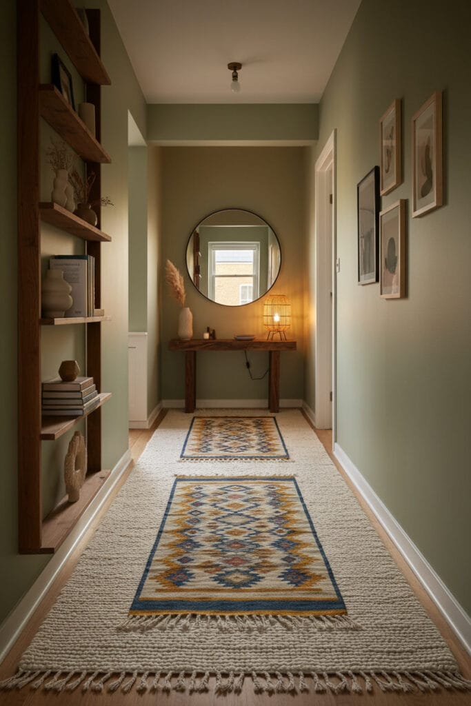 Décoration de couloir avec chemin de tapis superposés apportant confort et relief visuel